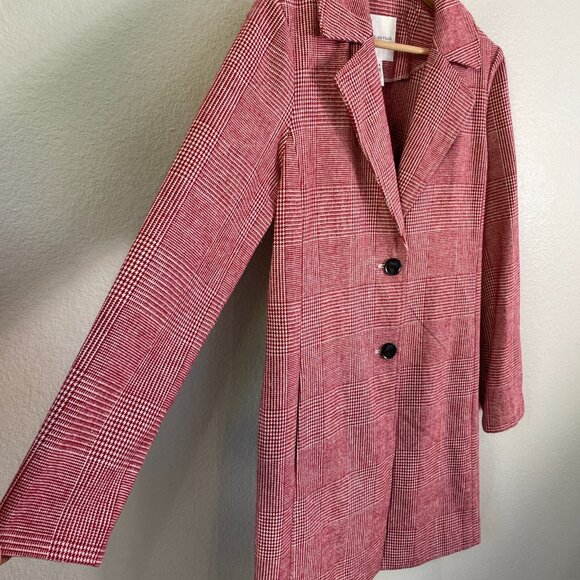 Avec Les Filles Womens Small Red White Plaid Notch Collar Trench Jacket Coat - Picture 10 of 12
